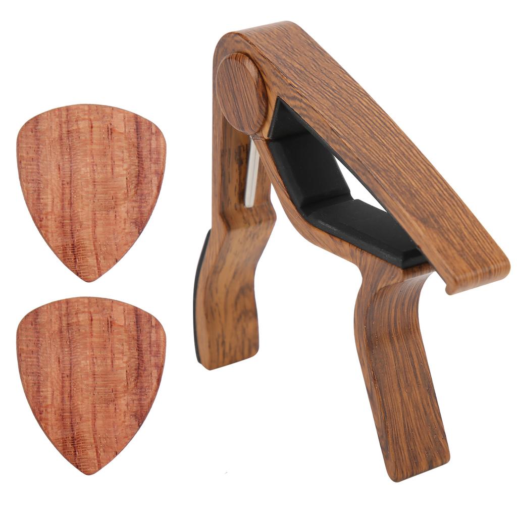 Acoustic Guitar Capo Solid Wood Silica Gel Clamp Ergonomics with 2 Picks for Bass Ukulele Violin