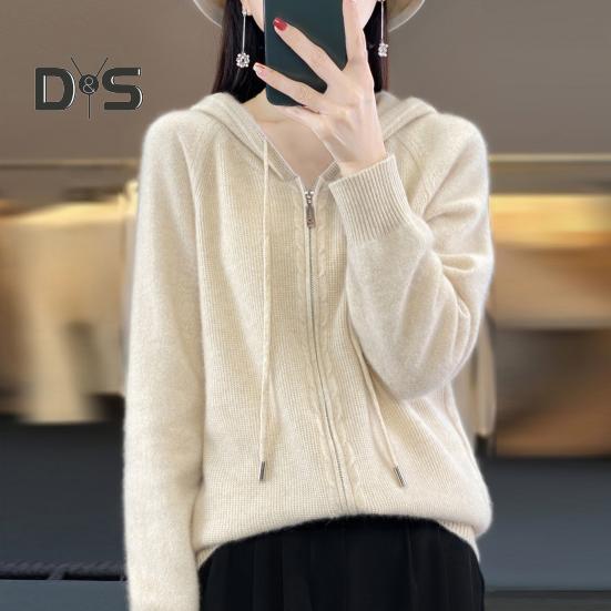 Women Sweater Coat Hooded Drawstring Long Sleeve Double Zippers Knitting Coat Solid Color Loose Fit Jacquard Outwear