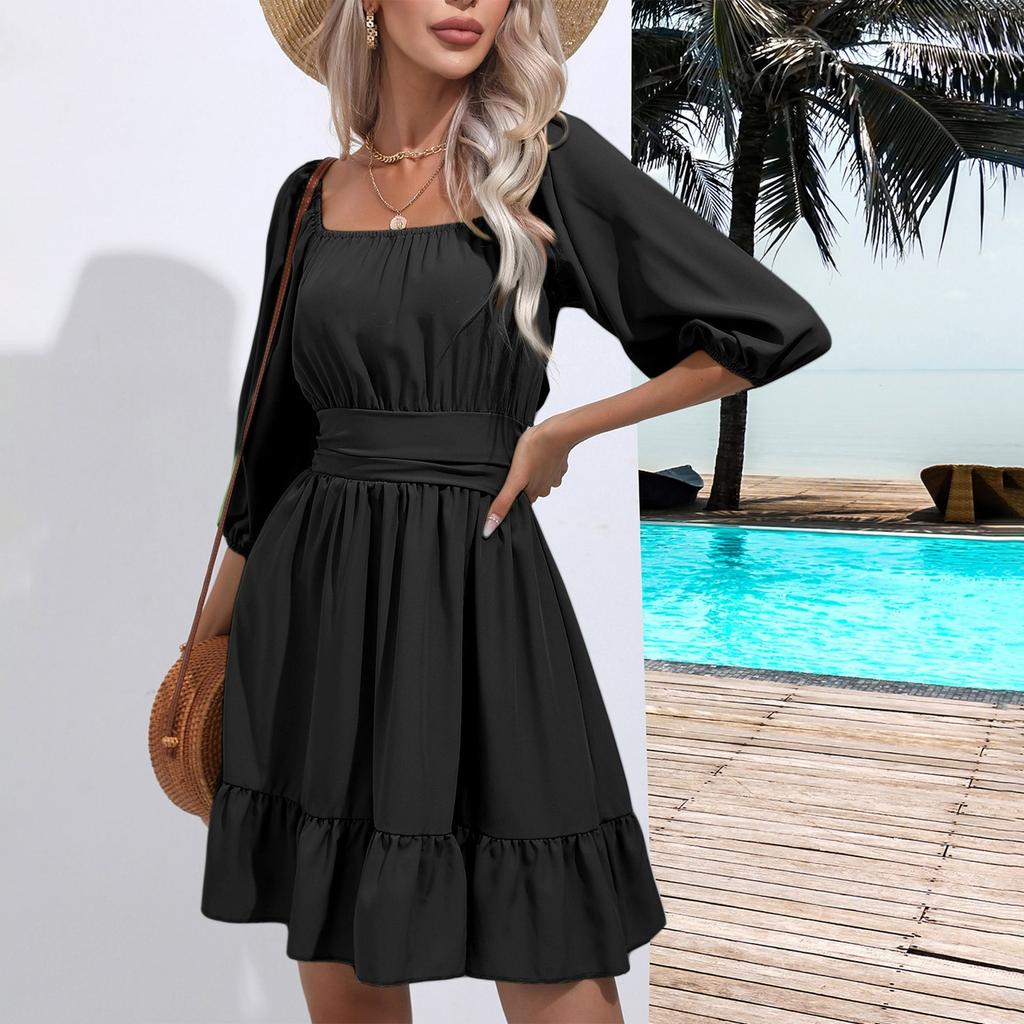 Dámské letní šaty na zavazování s čtvercovým výstřihem, volánky, puf rukávy s pětibodovou délkou, zavazováním, drapováním, odhalenými rameny, áčkového střihu, ležérní