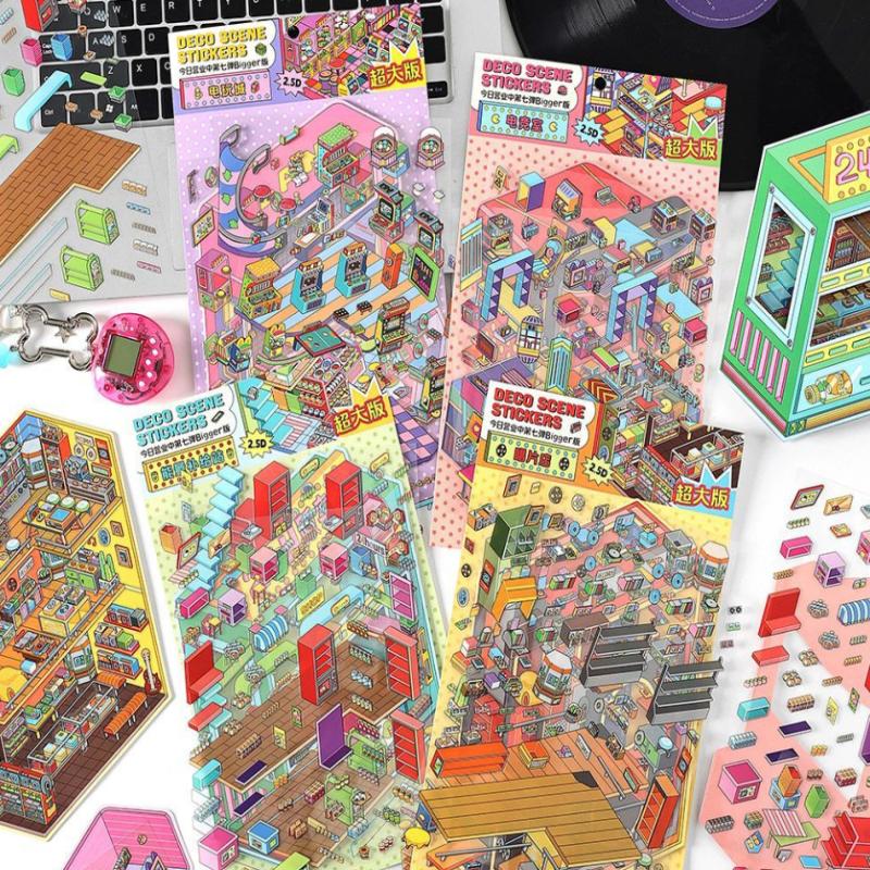 Plus Size Retro Esports Room Flip Cover Landscape Sticker Diy 3D Dopamine Color Cabin Miniature Scene Sticker Gift For Kid Child