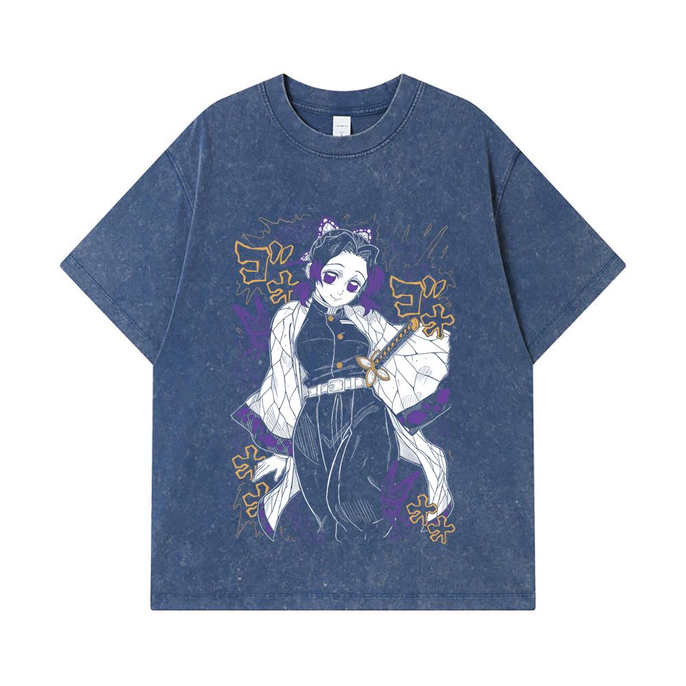 275 GSM Washed T-shirts 100% Cotton Demon Slayer V45 Shinobu Print Unisex Heavy Cotton T Shirt