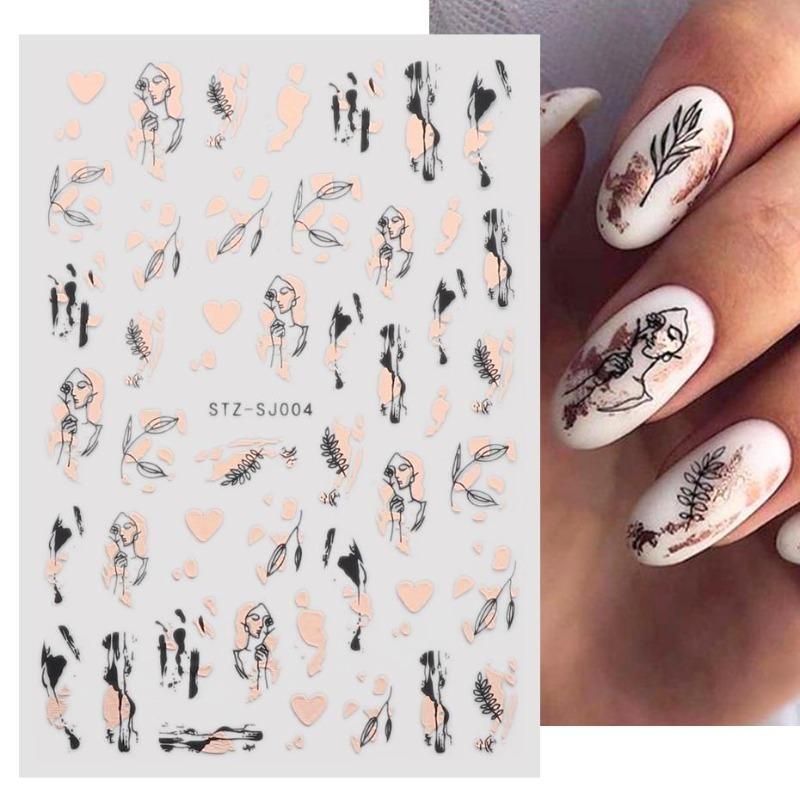 Graffiti Strips Nail Stickers for Women Nail Art Decorations Rose Gold Abstract Line Spring 3D Slider for Manicure Polish Tattoo