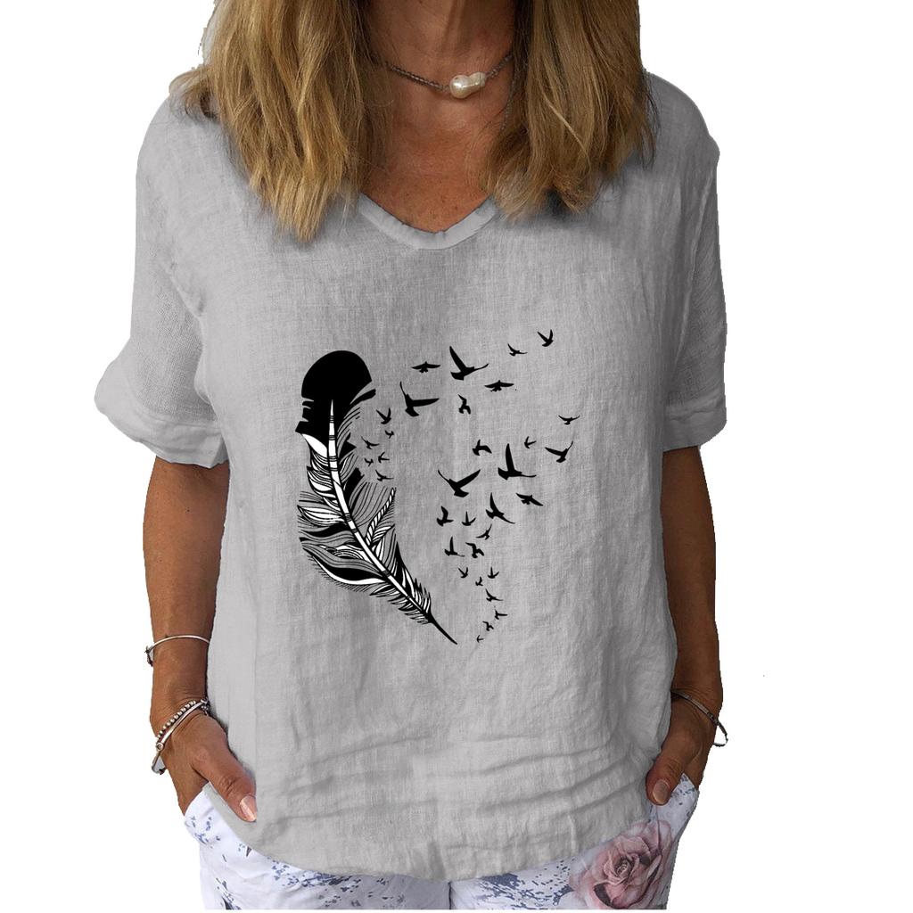 Women Fashion V Collar Short Sleeve T-shirt Casual Cotton Linen Thin Top Ladies Pullover Floral Print Tee Shirt