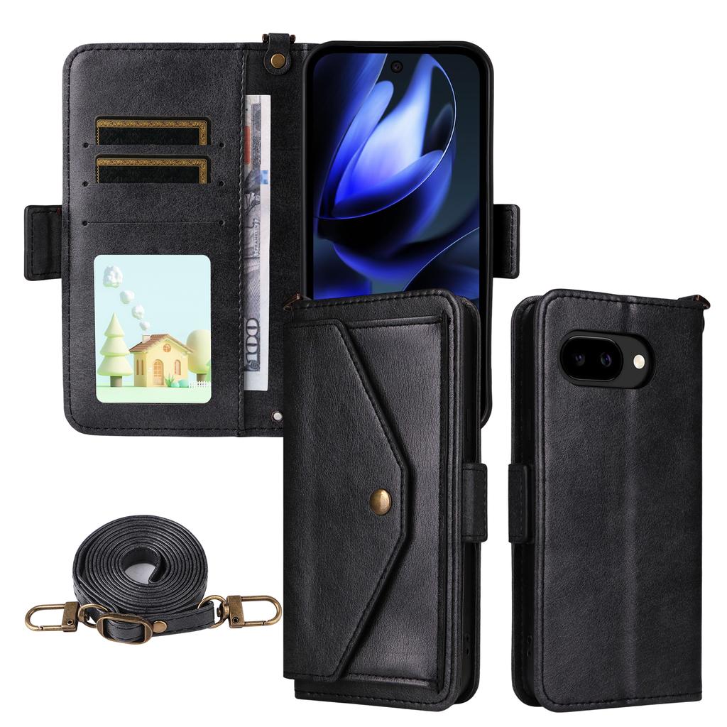 For Google Pixel 9a Leather Case Magnetic Closure Wallet Stand Phone Cover with Crossbody Strap