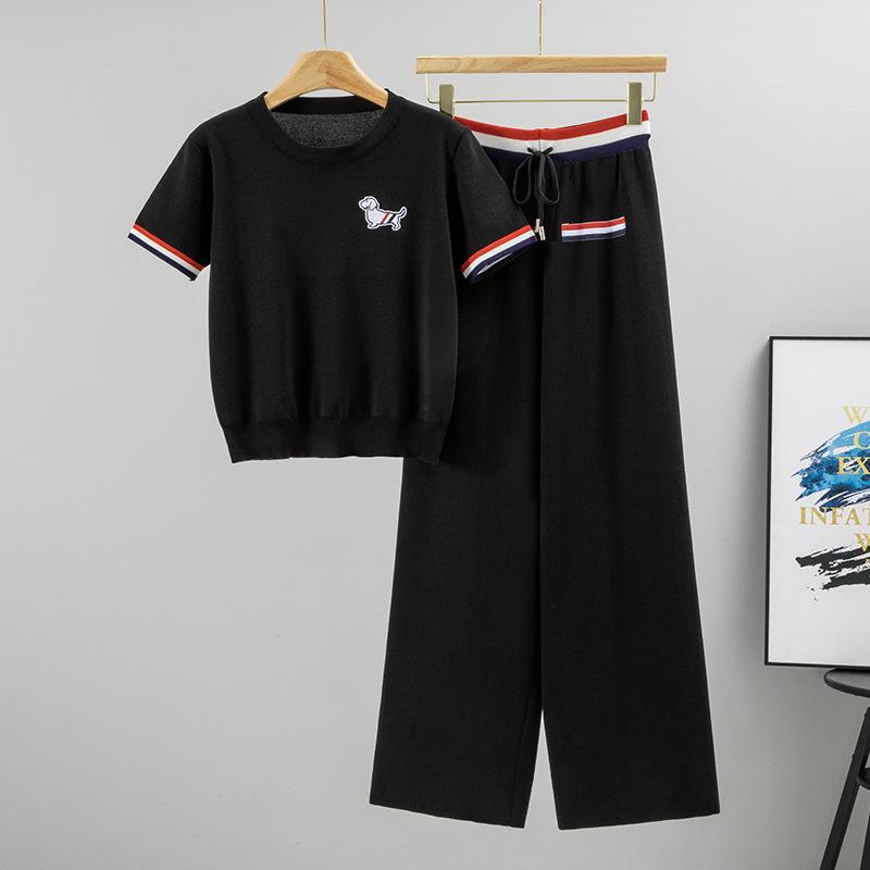 Neuer Sommer Einfacher Rundhals Patchwork Welpe Gestrickt Kurzärmelig Lässig Lange Hose Zweiteiler