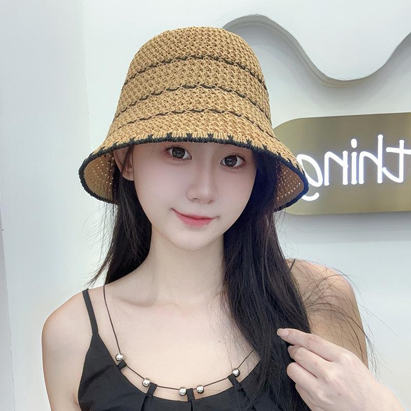Color matching striped plain and versatile bucket hat summer hollow breathable sun hat dome showing face small straw bucket hat