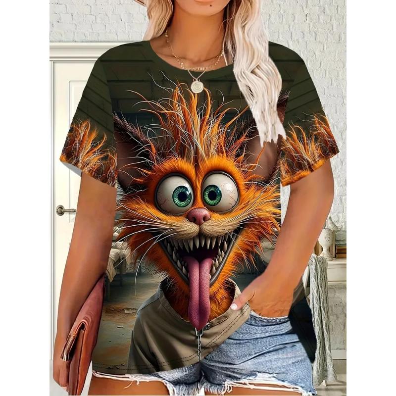 Fashion Women's Animal Short Sleeve 3D Animal Color Printing Crew Neck T-Shirt Crew Neck Short Sleeve