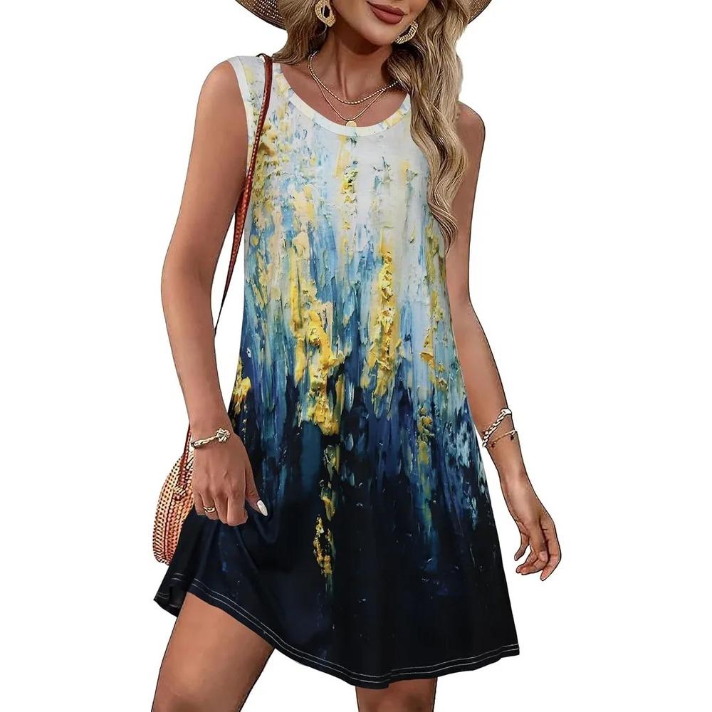 Women's Off Shoulder Sleeveless Crew Neck Mini Dress Retro Print Loose Casual Summer Fashionable Comfortable Leisure Vacation Daily Dress