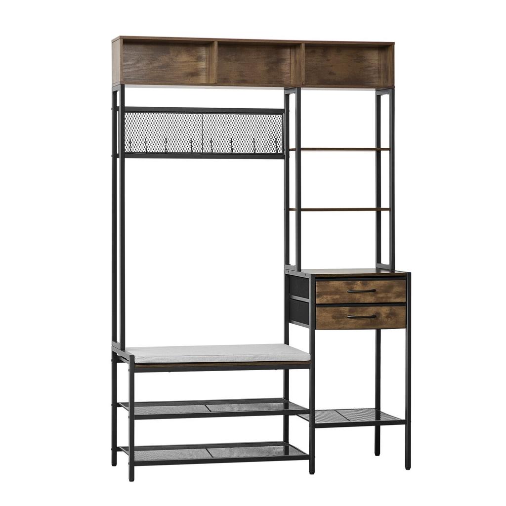 Hall Tree, 1800 mm Coat Rack with Shoe Bench & 2 Drawers, 3-in-1 Freestanding Shoe Rack Storage Organizer with Bookshelf & Wire Shelf, Steel Frame