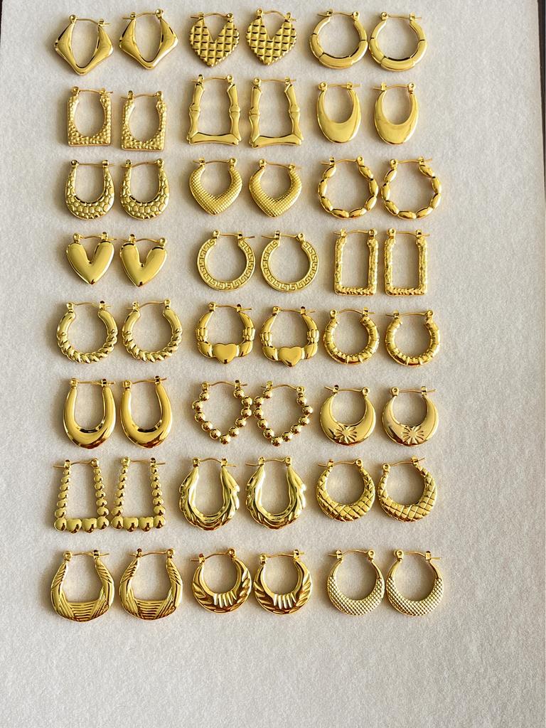 Multi-Style Vintage Waterproof 18K Gold Plated Stainless Steel Minimalist Geometric Flower Star Heart Hoop Earrings for Women