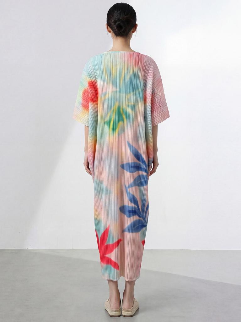 Miyake Women's Summer Long Dress: High-End, Loose, Plus Size, Printed Batwing Sleeve, Elegant Skirt.