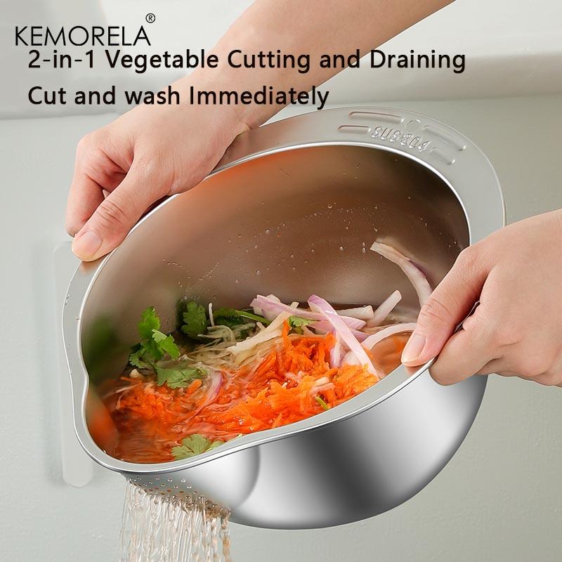 2 In1 Wash and Cut Vegetable Drain Bowl Stainless Steel 304 Rice Washing Bowl Fruit And Vegetable Strainer Kitchen Tool