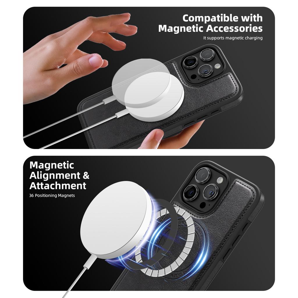 For iPhone 15 Pro Magnetic Case Leather Back Phone Cover with Detachable Card Bag