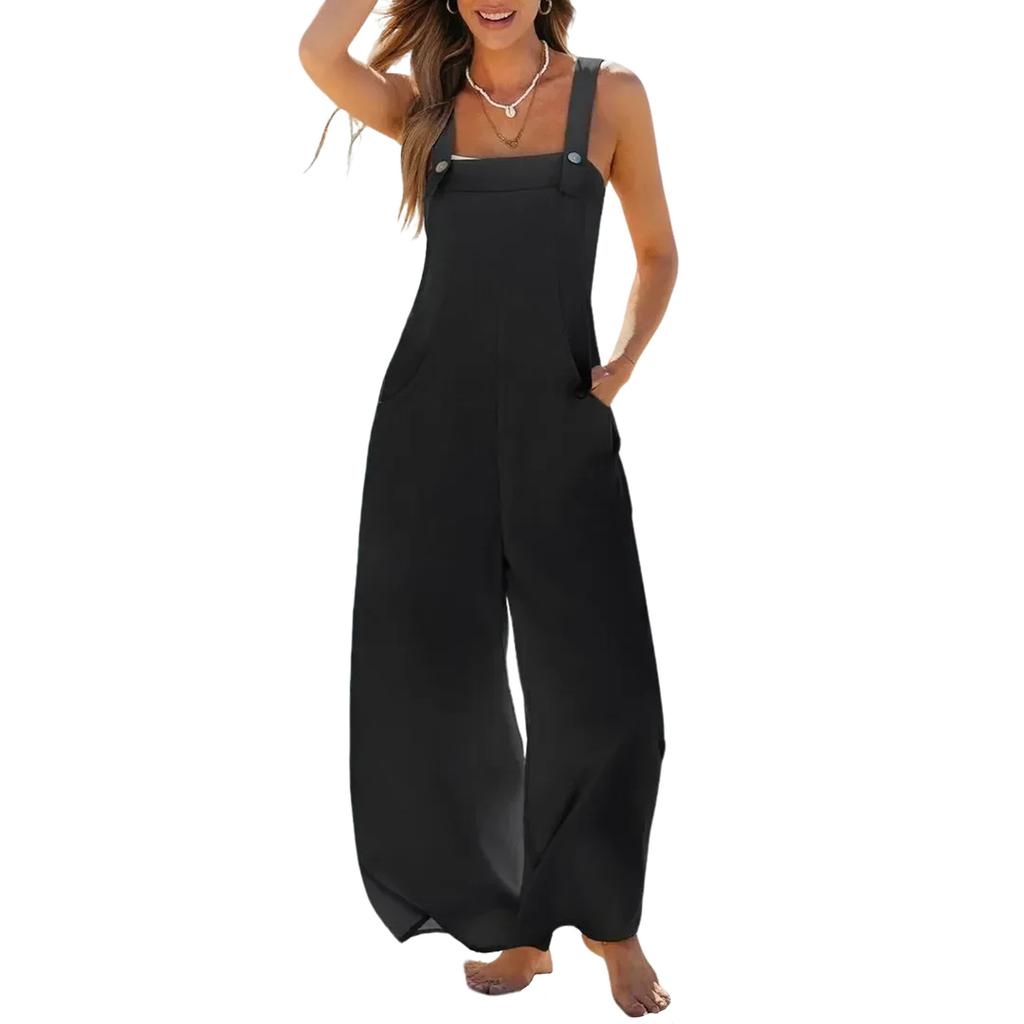 Women's Casual Overalls Color Without Cuff Pocket Jumpsuit