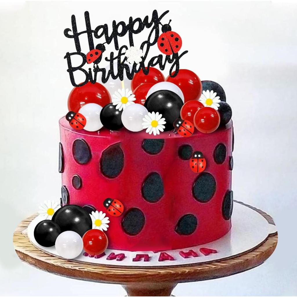 Marienkäfer Kuchenaufsatz Rot Schwarz Kugel Kuchendekorationen Gänseblümchen Kuchenaufsatz für Marienkäfer Themenparty Geburtstagsfeier Zubehör Dekoration