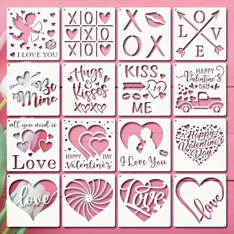 

16 PCS Valentine s Day Painting Love Reusable PET Hollow Out Leakage Plate DIY Hand Painting Graffiti Spray Painting Template
