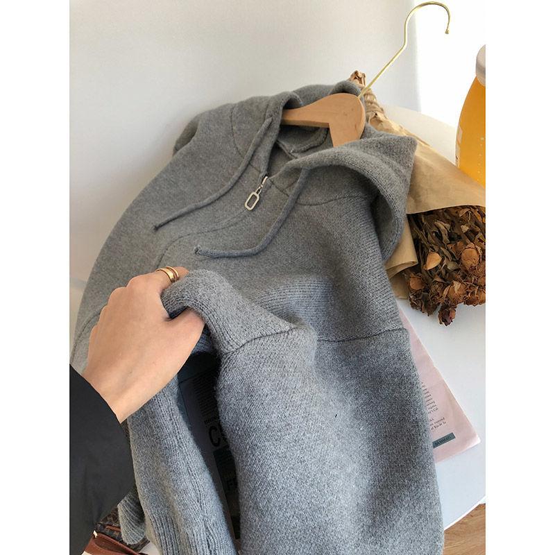 Cardigan tricotat solid Harajuku pentru femei, versiune coreeană, cu fermoar, pulover cu glugă, vânt leneș, topuri decupate, haine