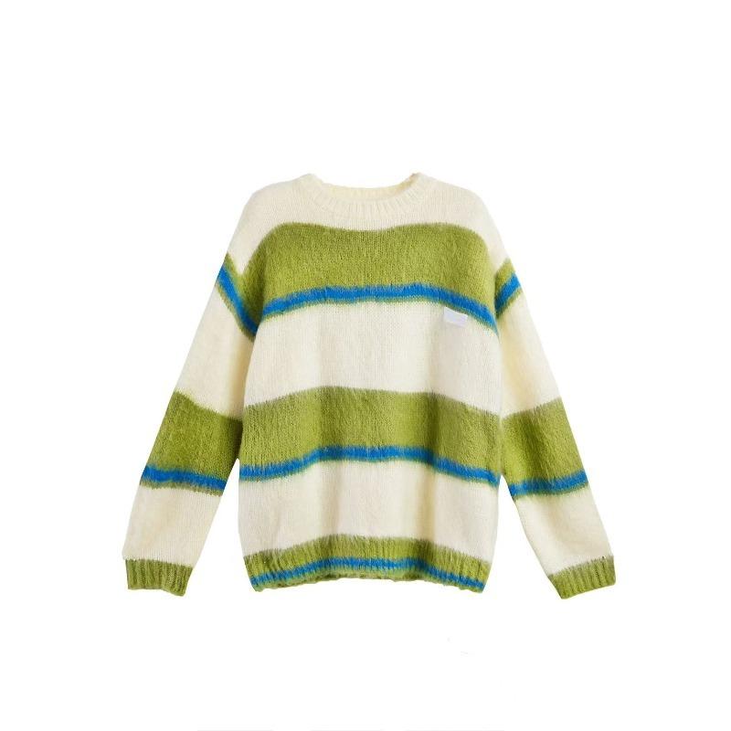 

Зеленый полосатый женский свитер, колор-блокинг, круглый вырез, пуловер с длинным рукавом, теплая верхняя одежда, женский осенний топ One Size зелёный