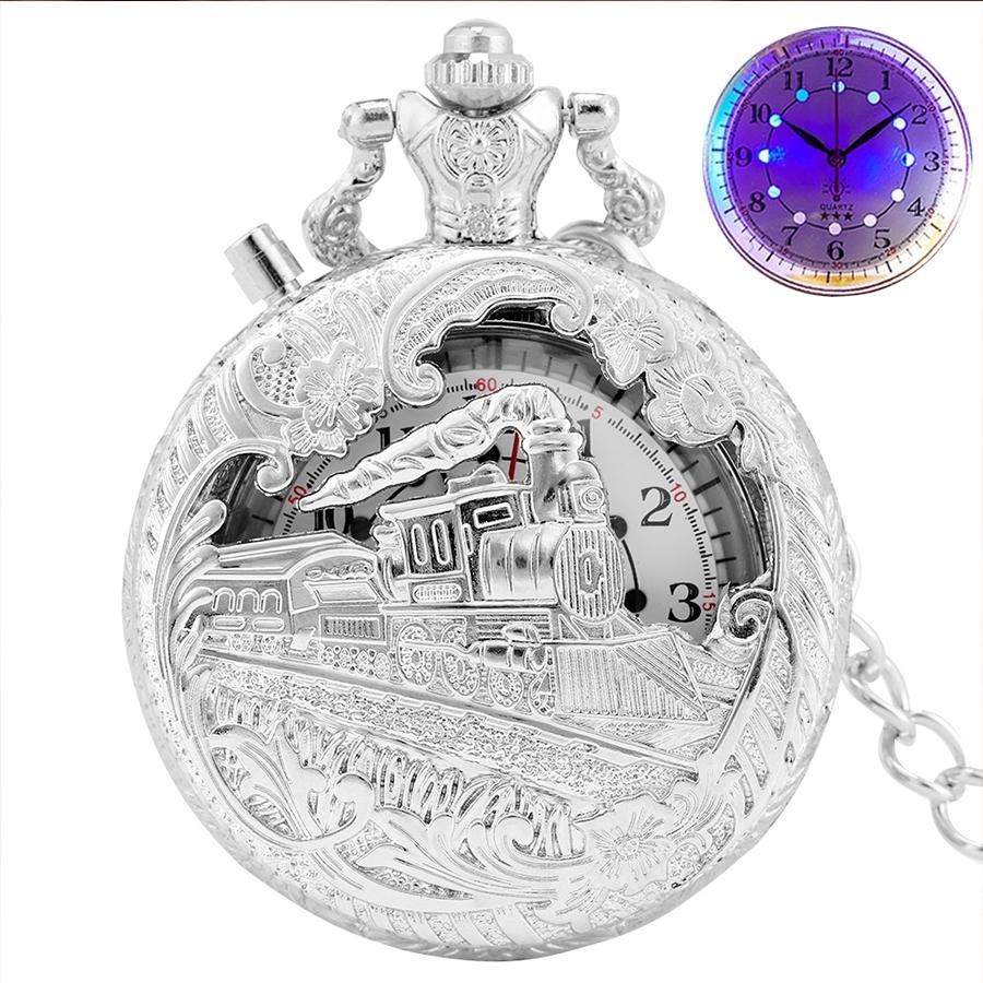 

Светящиеся светодиодные кварцевые карманные часы Hollow Train Locomotiv Engine Steampunk Quartz FOB Light Watches для мужчин и женщин