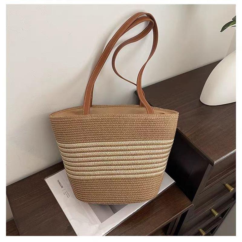 New shoulder straw bag women's bag striped woven bag large capacity tote bag handbag women's travel beach bag