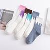 Creamy Color Block Patchwork Cotton Sports Socks for Men & Women - Trendy Mid-Calf Streetwear Style.
