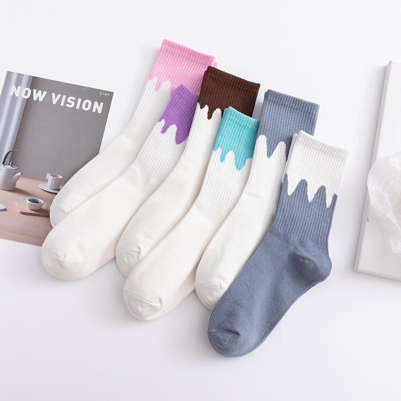 Creamy Color Block Patchwork Cotton Sports Socks for Men & Women - Trendy Mid-Calf Streetwear Style.