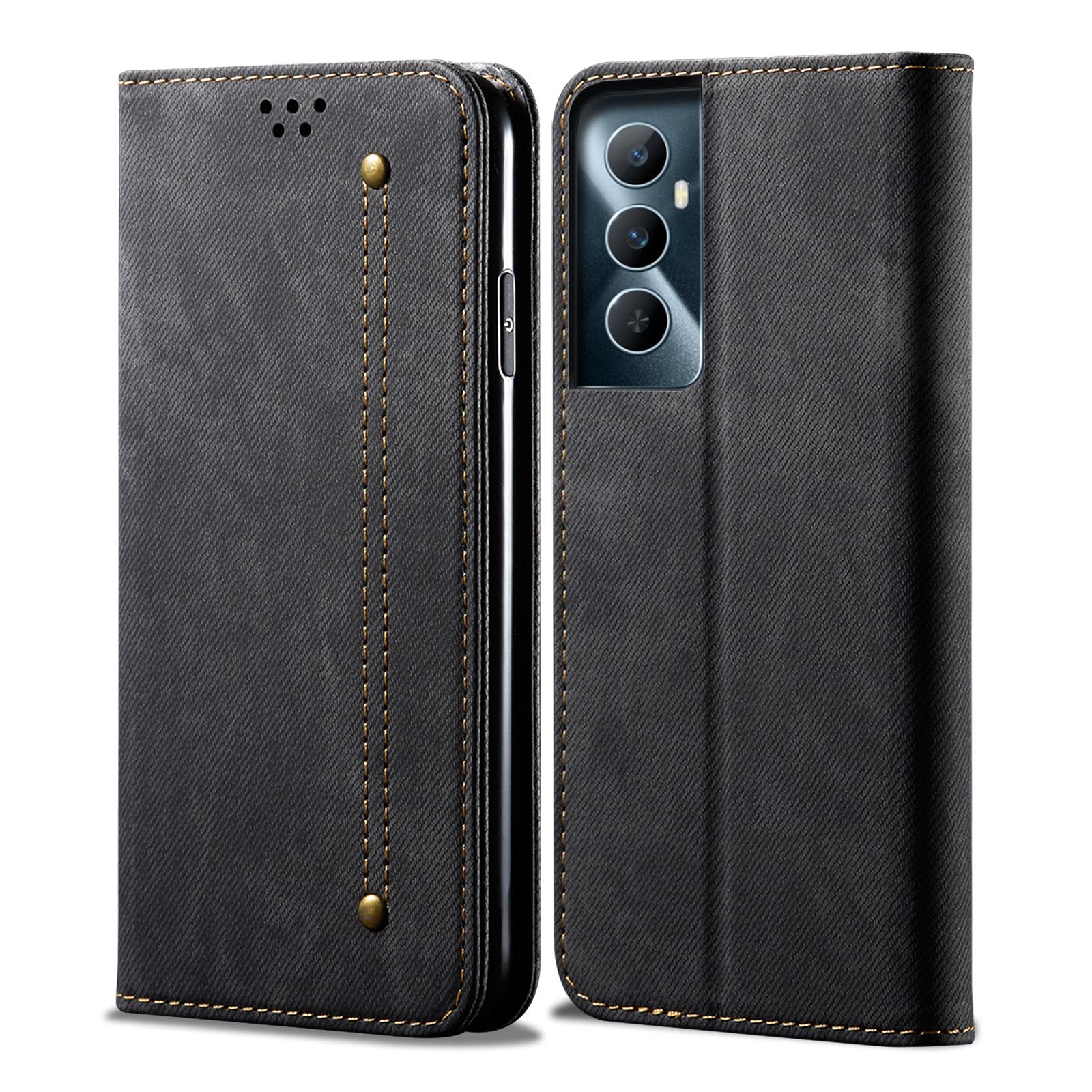 

For Realme C65 4G Case Leather Jeans Cloth Texture Folio Flip Phone Cover Black