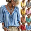 Damen Freizeit-Bluse mit Streifen, V-Ausschnitt, Bindeband und Rüschen