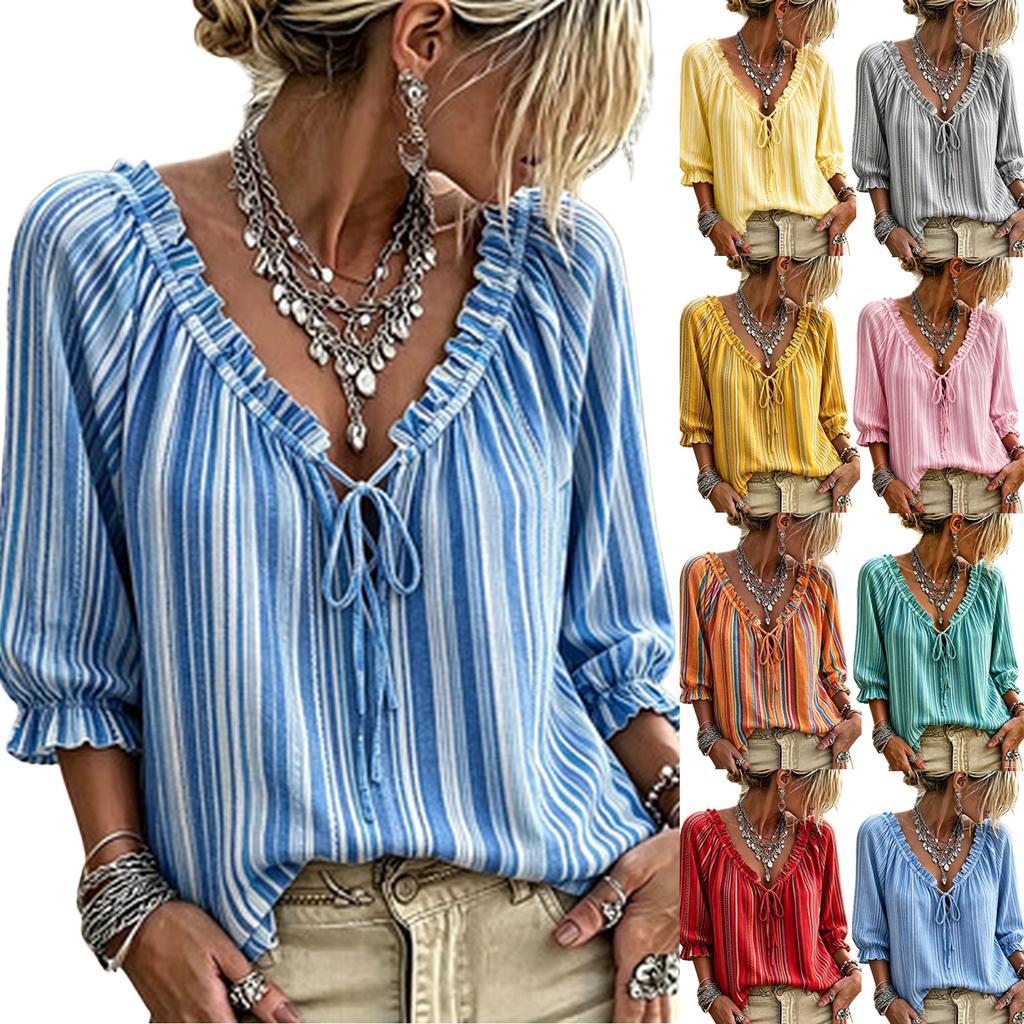 Women's Casual Striped V-Neck Blouse with Tie and Ruffled