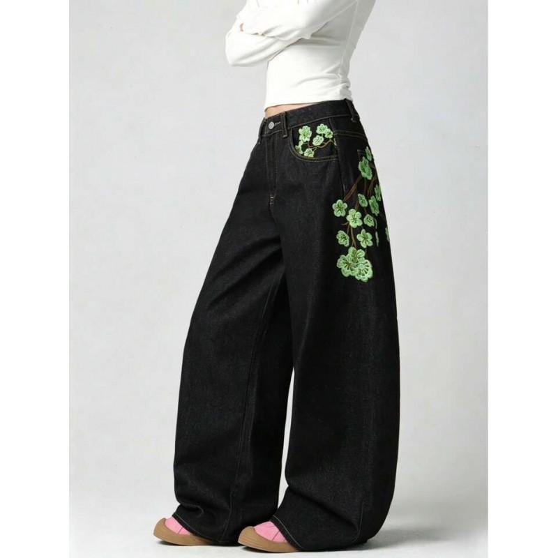 Vintage Streetwear Embroidered Denim Jeans High-Waisted Loose Straight Leg Wide Fit Womens
