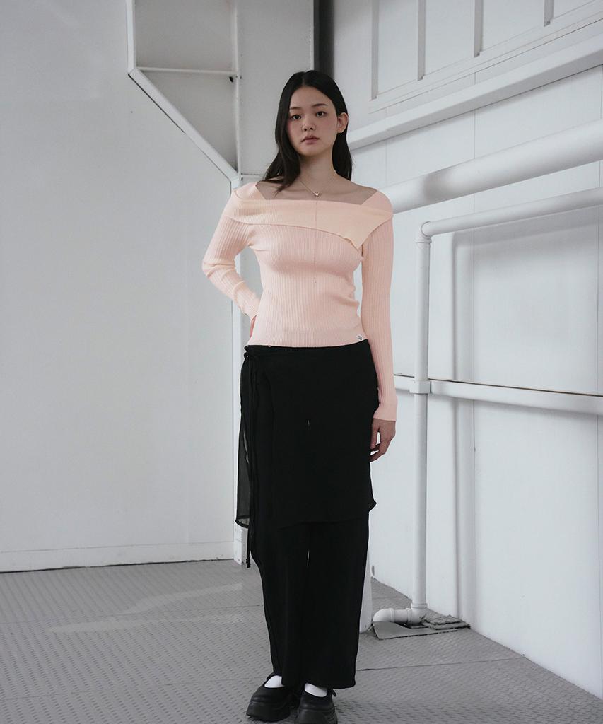 THE GREEN LAB Off-Shoulder Slim Ribbed Knit [Light Pink]