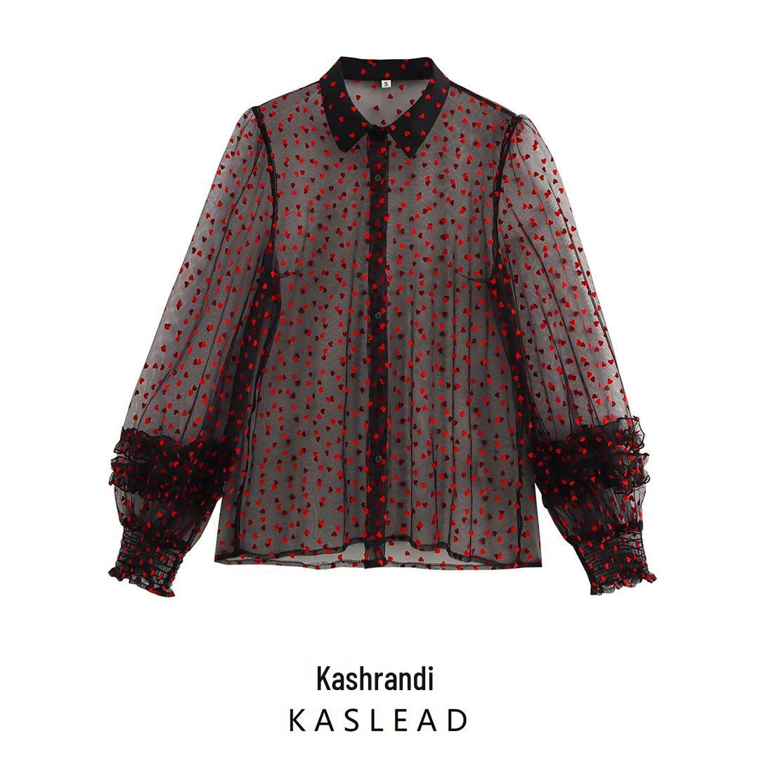 

2025 Spring Women s Fashion Flocked Mesh Puff Sleeve Shirt - European & American Style Large