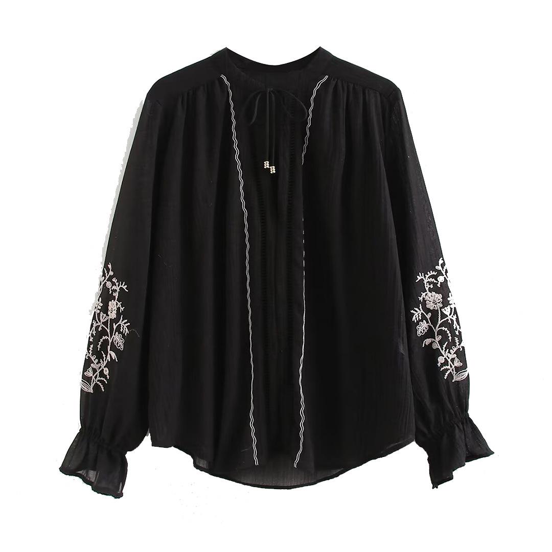 

2024 Осень Женская Рубашка Свободного Кроя в Европейском и Американском Стиле с Вышивкой и Длинным Рукавом L чёрный