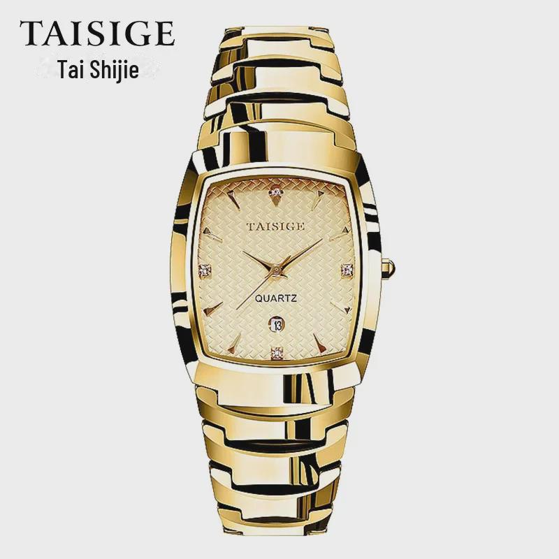 TAISIGE Men's Black Steel Quartz Watch with Square Grid Dial and Calendar