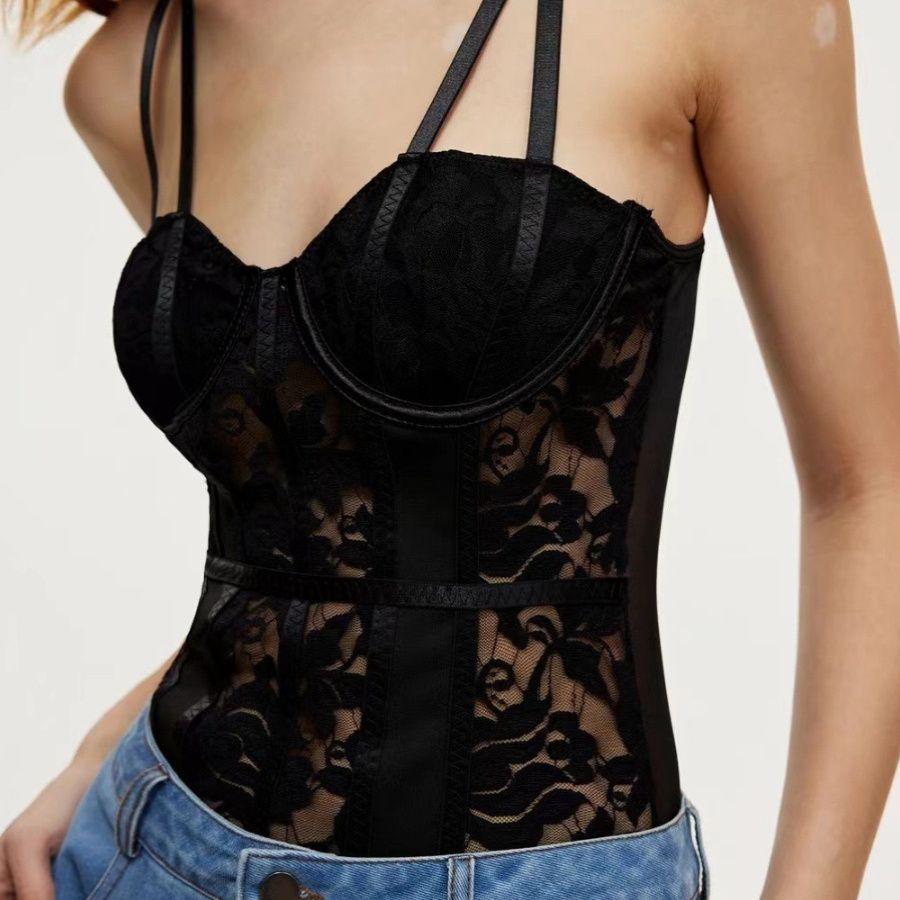 

Женский кружевной топ на бретелях с нагрудными вкладышами - Модный сексуальный стиль кросс-бордер для Юго-Восточной Азии, Европы и Америки. Medium чёрный