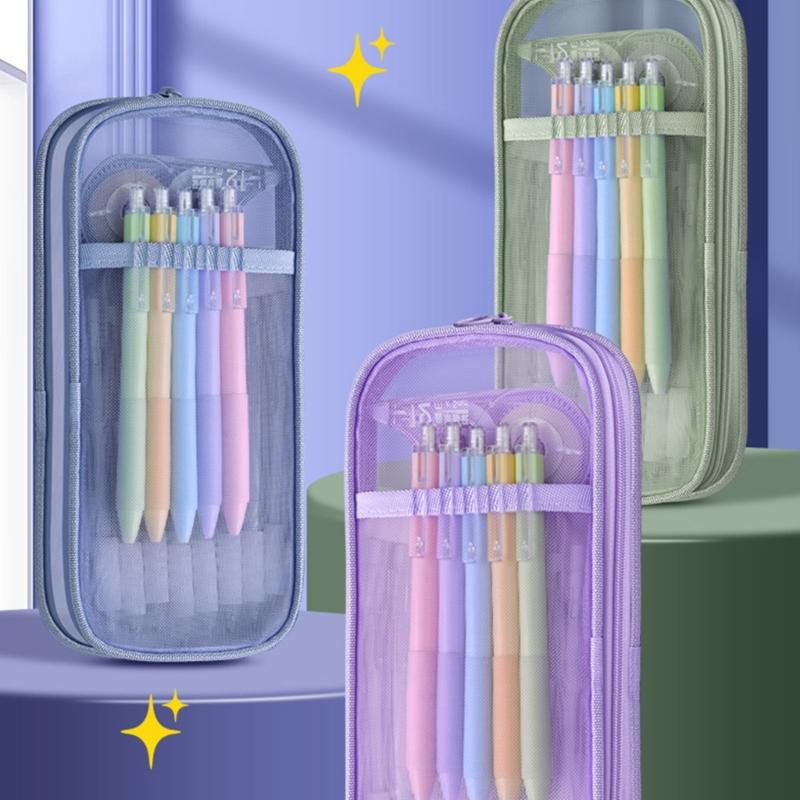 3Pcs Clear Mesh Pencil Bag Pencil Case Double Layer Pen Storage Box Portable Pen Organizers Clear Colored Pencil Case