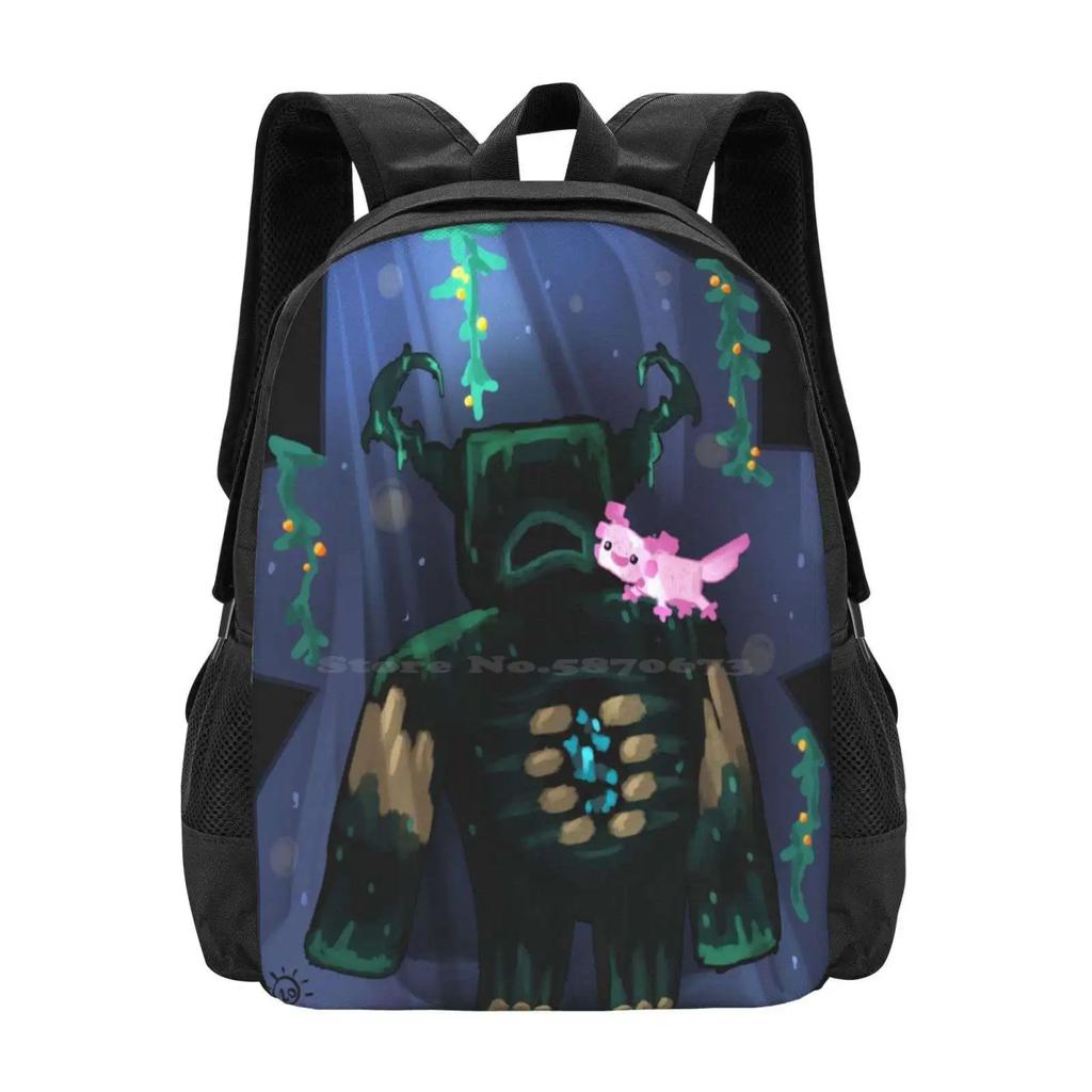Warden N Axolotl Large Capacity School Backpack Laptop Bags Warden Axolotl Cliffs Caves Video Game Cute