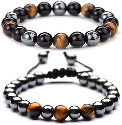 Pulsera de Cuentas Piedra Natural Obsidiana Negra Hematita Pulsera de Triple Protección Ajustable Ojo de Tigre para Hombres Mujeres