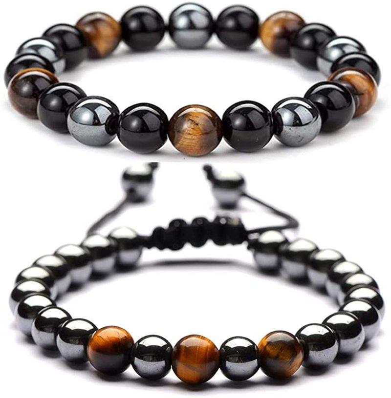 Perlenarmband Naturstein Schwarzer Obsidian Hämatit Dreifachschutzarmband Verstellbares Tigerauge-Armband für Herren Damen