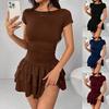 European & American Solid Color Slimming Round Neck Short Sleeve Princess Dress