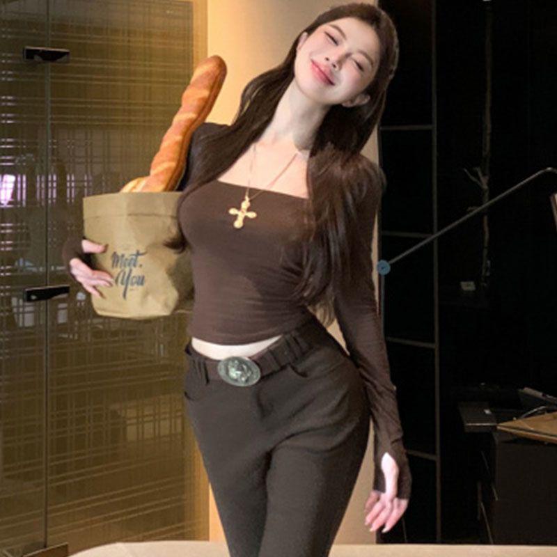 Spring and Autumn Spicy Girl Cropped Slimming Long-Sleeve T-Shirt for Women - Versatile and Flattering Base Layer Top