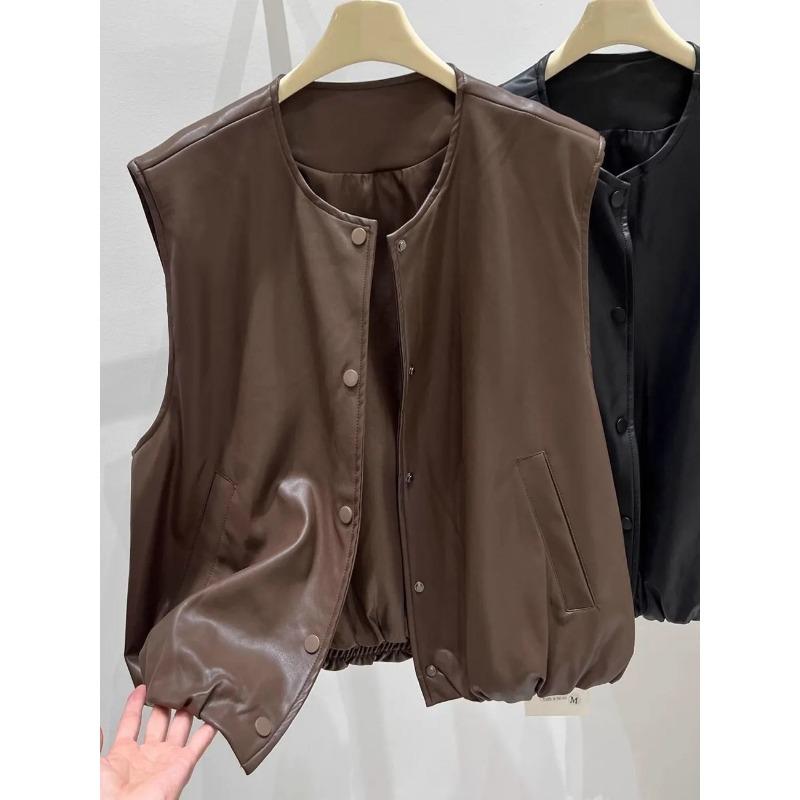 Women's Fall Winter Casual Brown Faux Leather Button Down Vest