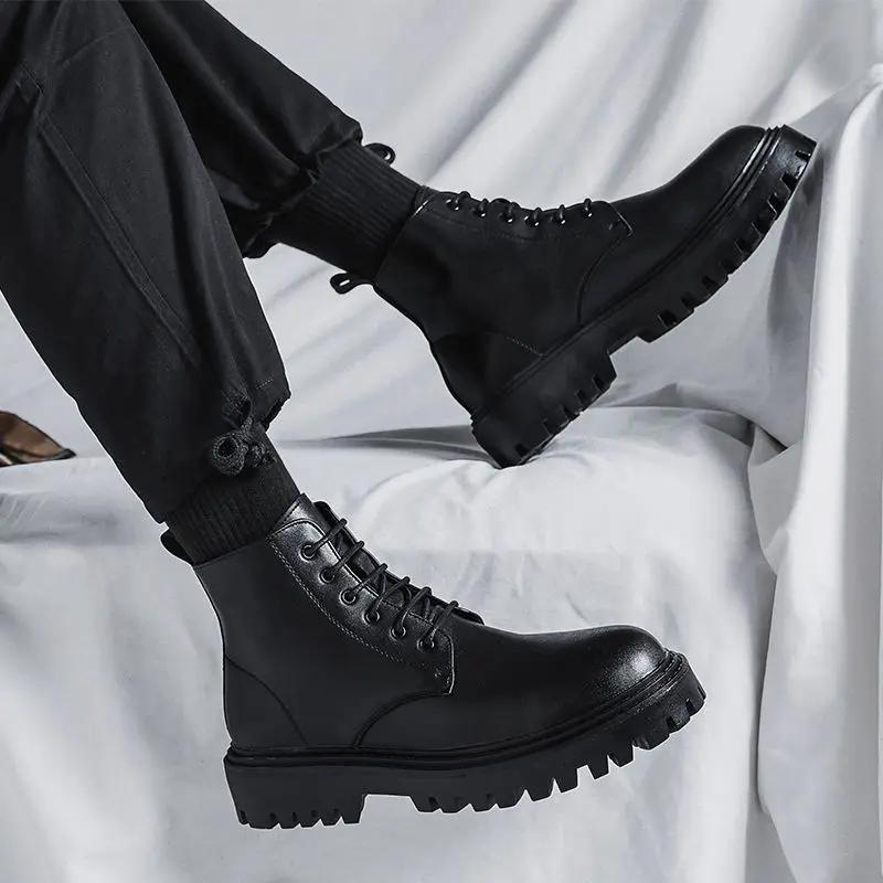 Vintage British Men s Spring Autumn High Top Waterproof Leather Shoes Black Biker Casual Lace Up Anti Slip Fashion 39 3960₽