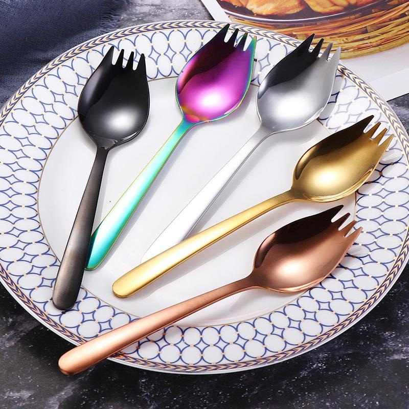 Cuchara y Tenedor de Acero Inoxidable Combinados, Cuchara para Ensalada Doméstica, Tenedor para Fruta, Cuchara para Sopa, Cubiertos Portátiles