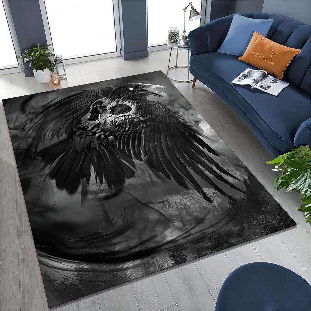 3D Norse Viking Oding Raven Crow Skull Huginn Muninn Rug for Bedroom Living Room Sofa Home Doormat Decor,kids Non-slip Floor Mat