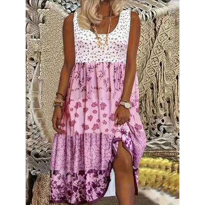 Summer New Women's Dress O-neck Flower Print Elastic Comfortable Simple Vacation Beach Sundress Midi Skirt