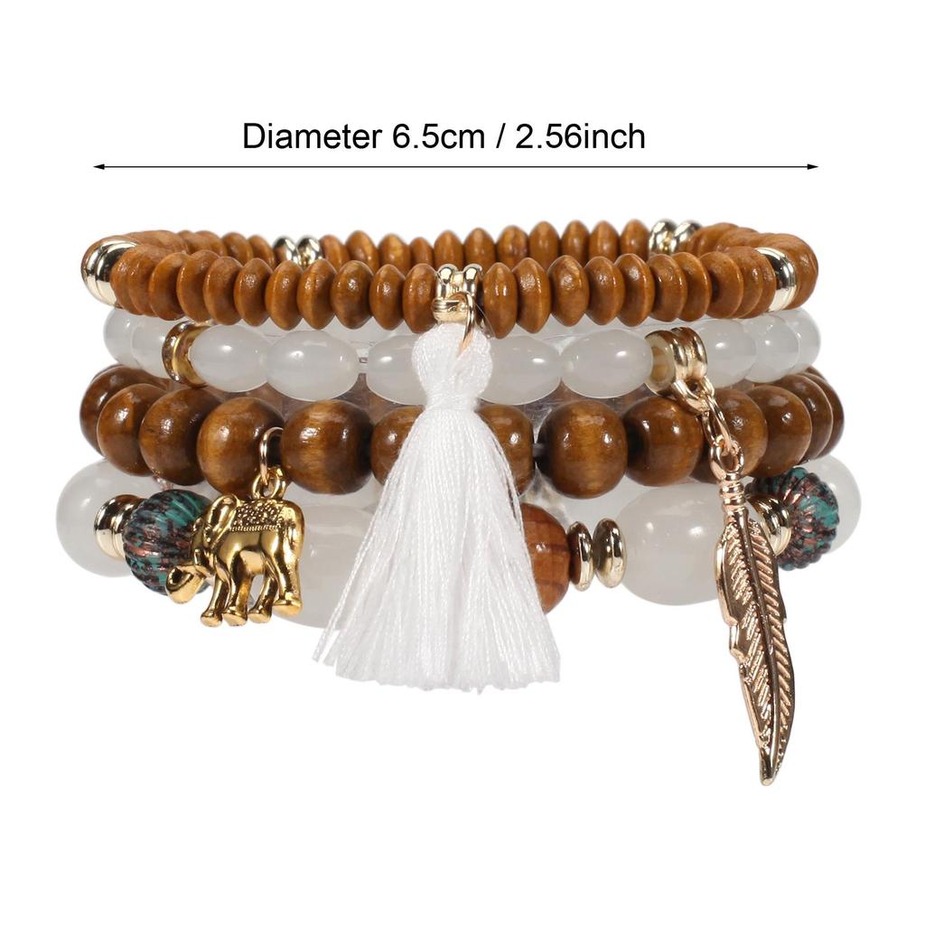 Bohemian Elephant Leaf Tassel Pendant Bracelet with Wooden Beads