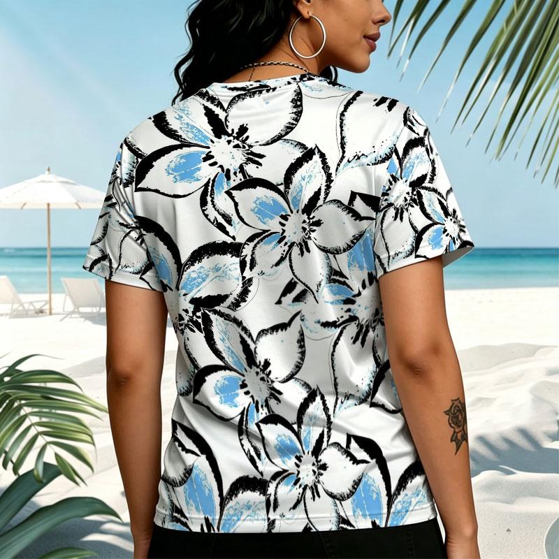Women's Eye-catching Floral Print Short Sleeve T-Shirt Street Casual, Comfortable, Versatile for Daily Commute, Summer Beach & Campus Outfit