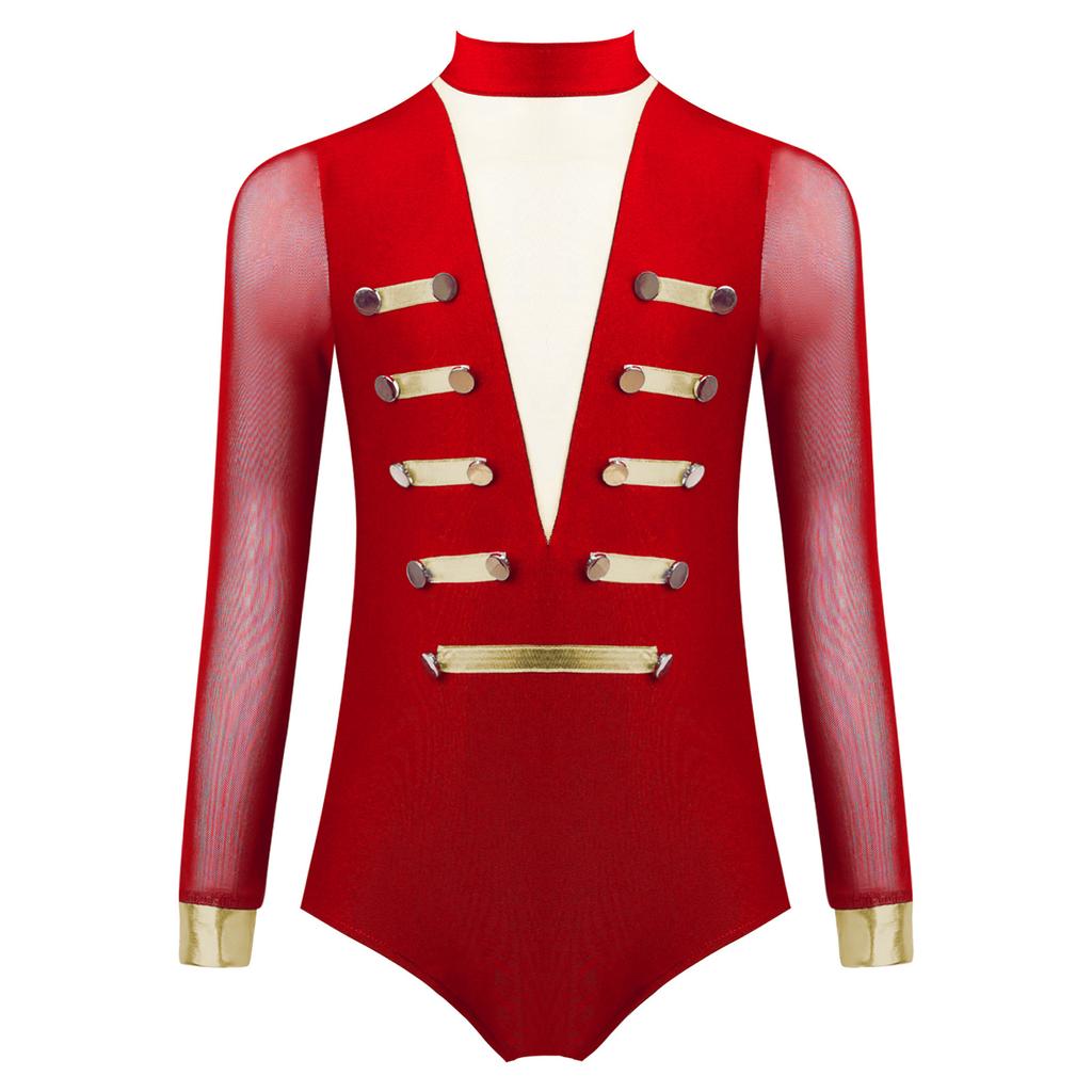 Girls Dance Leotard Sheer Mesh Long Sleeves Mock Neck Keyhole Back Metallic Stripes Buttons Bodysuit Costume