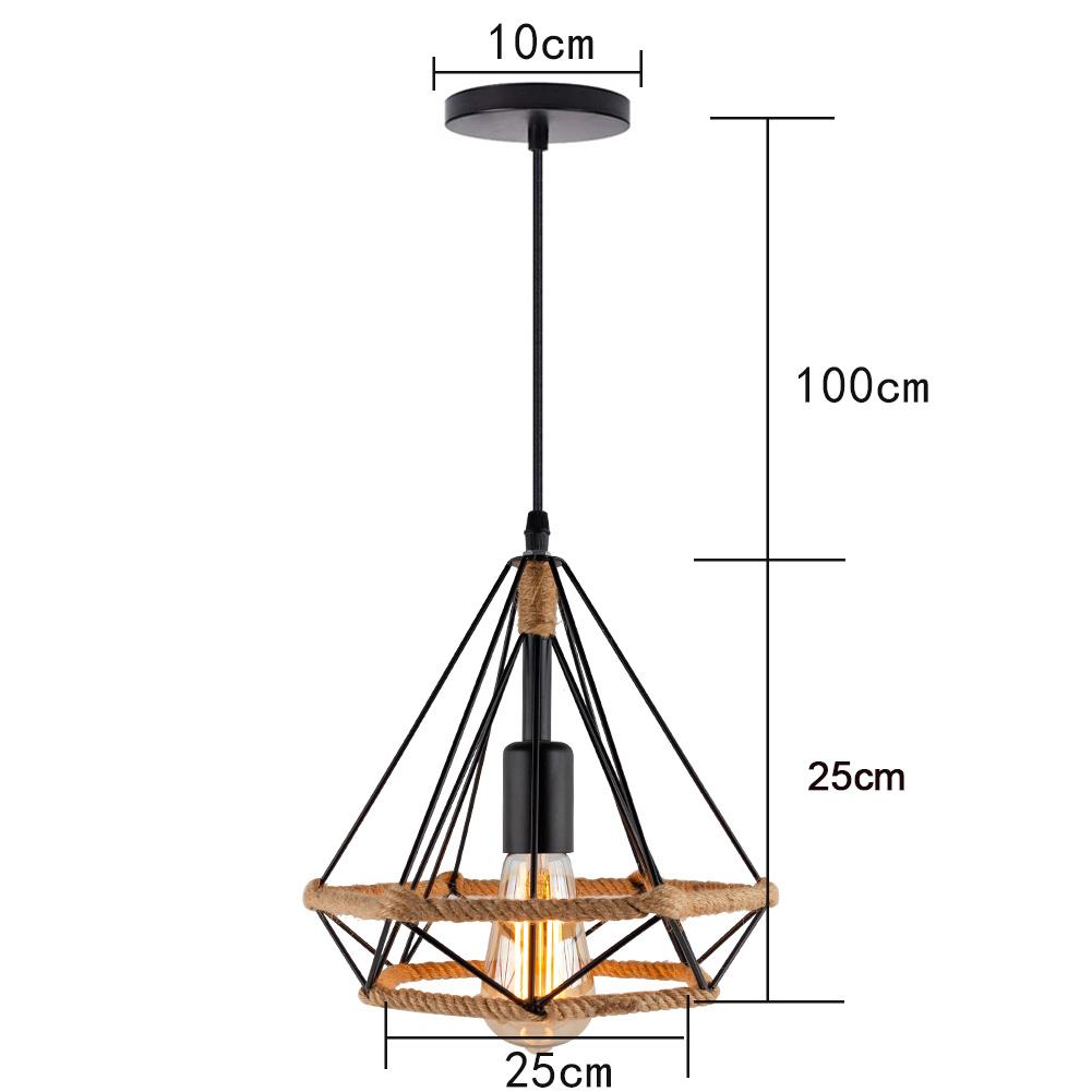 Lampă cu pandantiv de epocă E27, din fier, în formă de diamant, lampă de frânghie, lumina cușcă pentru mansardă, pentru bucătărie, sufragerie, lampă de tavan suspendată